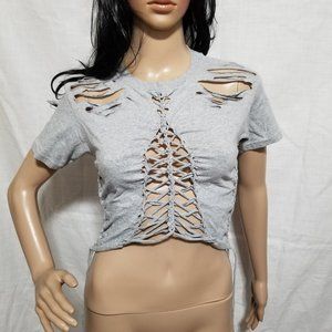 Altered Cut Up Grey Cropped Distressed Braided Short Sleeve Shirt Women's Small